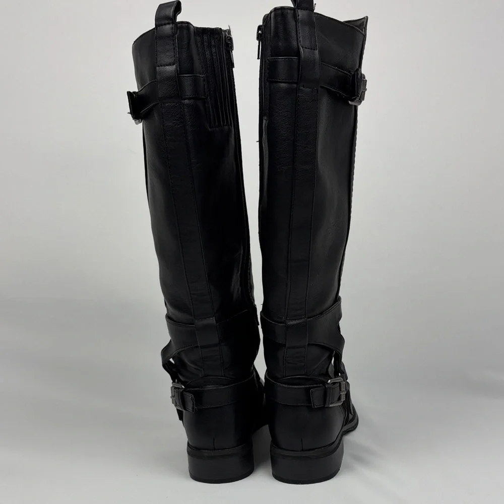 G by Guess Hyderi Black Knee High Riding Boots Buckle Harness Size 9